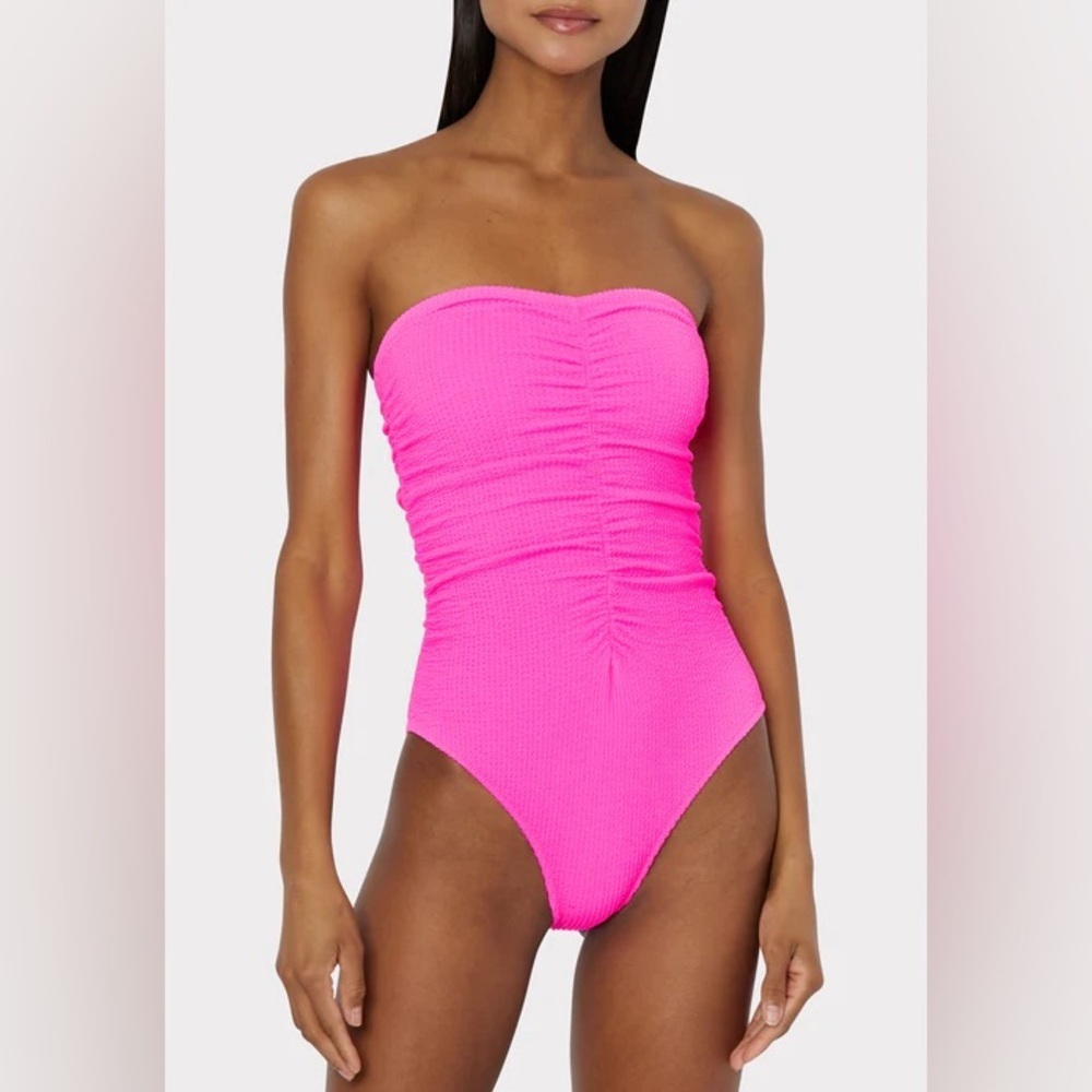 Milly Neon Pink Strapless Ruched One-Piece Swimsuit